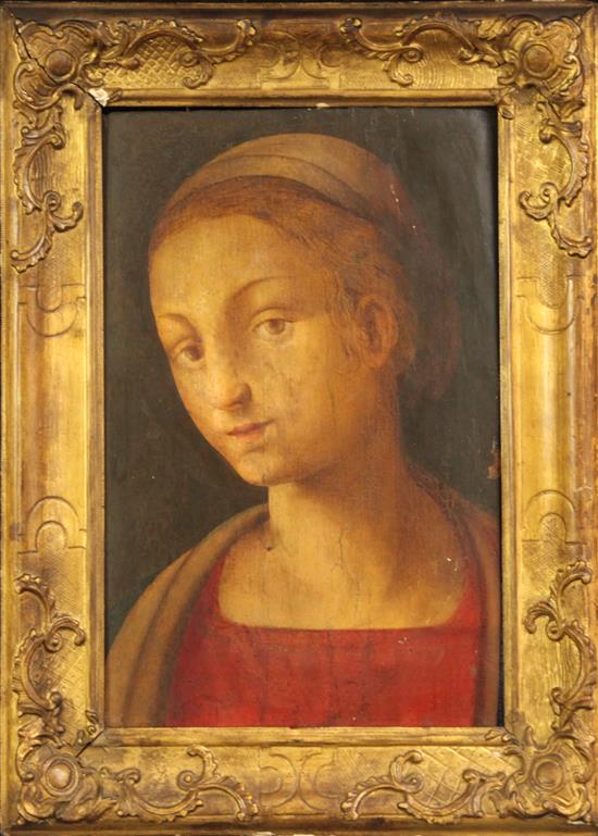 Circle of Amico Aspertini (1474-1552) Bust length portrait of a lady in a red dress, 12.75 x 8.5in.